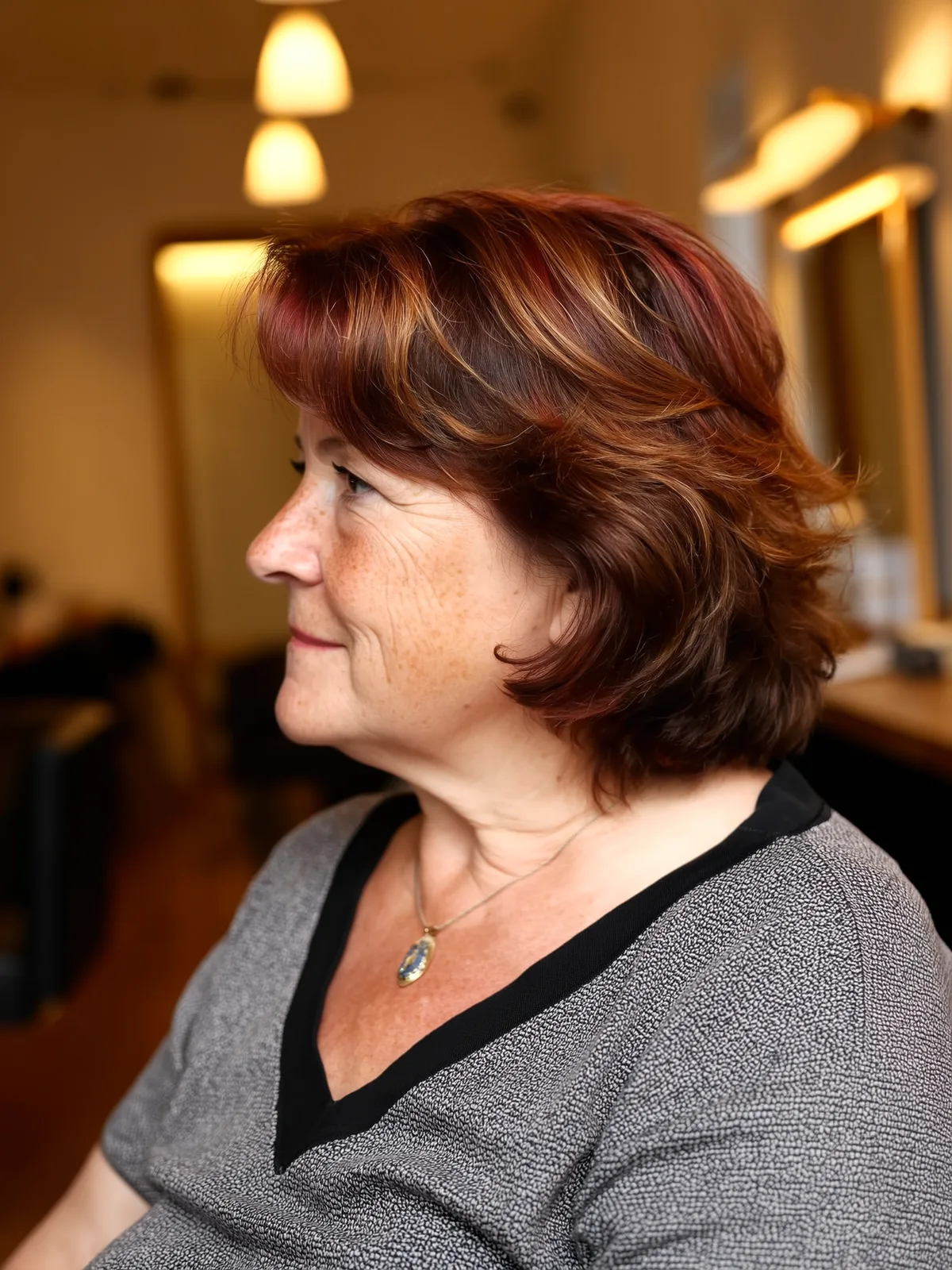Short Auburn Feathered Layers with Golden Highlights